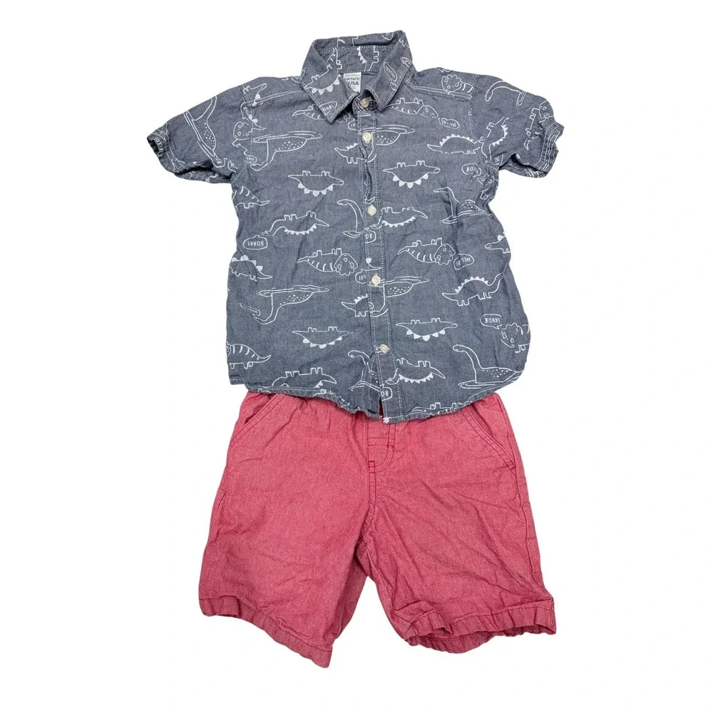 Carter's Shirt & Shorts Cat&Jack Kids 5T Dinosaur Print Blue Red Tan 3pc Set
